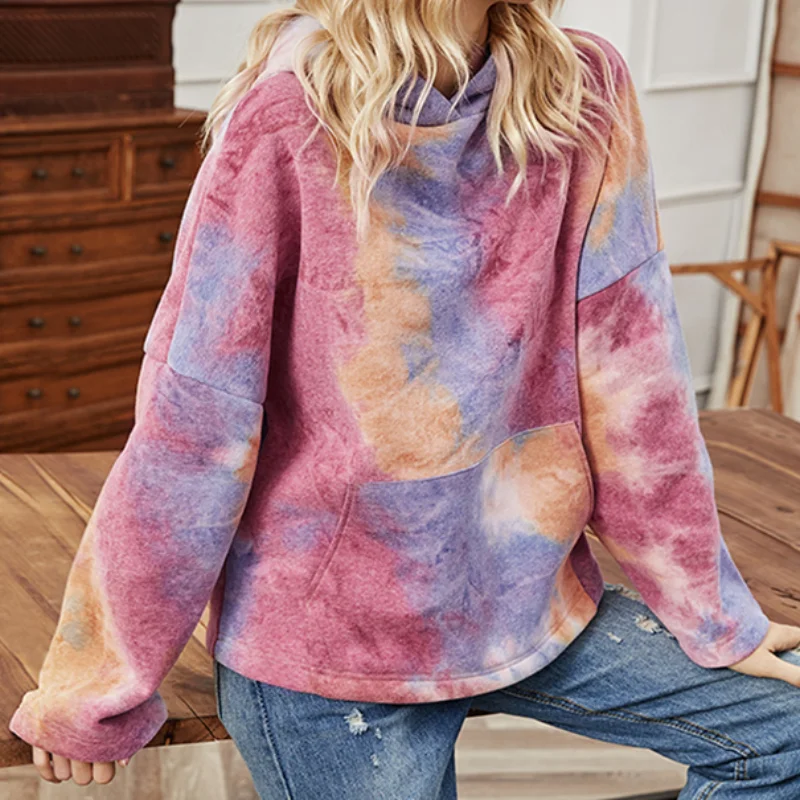  Spring Fashion Tie-dye Hooded Sweatshirt Women Autumn Long Sleeve Print Loose Pullover with Big Pocket Hoodies Streetwear