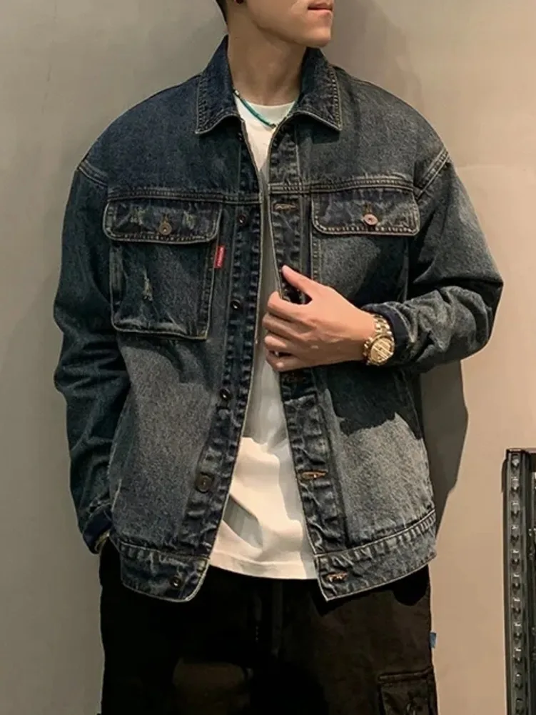 

Cotton Denim Jacket Mens Large Size Vintage Denim Jacket Male American High Street Fashion Spring Washed Jackets for Men Tops