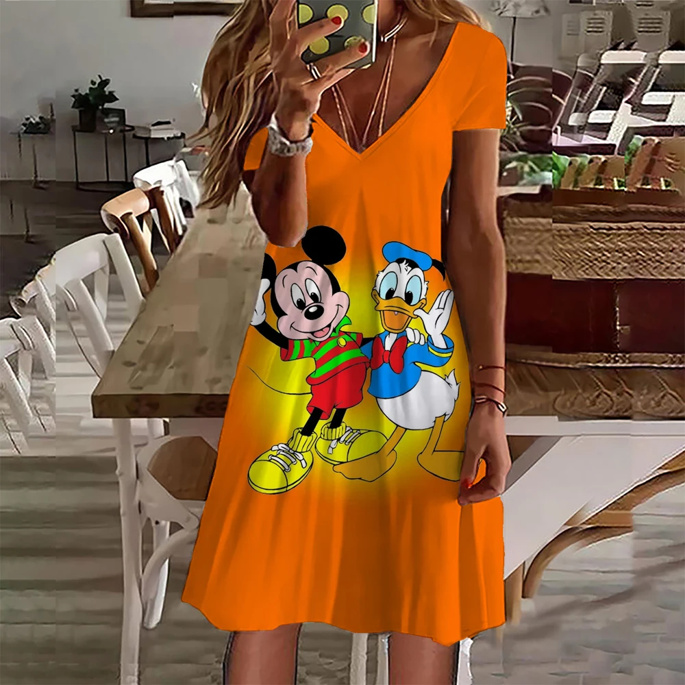 

Women's Fashion Dress Summer Clothing Short Sleeve V-Neck Disney Mickey Mouse Printed Boho Dress Female Casual Party Dresses