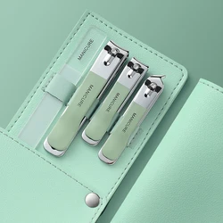 Professional Nail Clippers Set: 4-Piece Manicure and Pedicure Kit with Rotating Leather Case - Ideal for Home Care and Gift Giving (Light green)