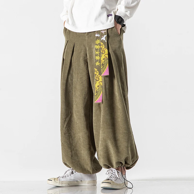 

Chinese Style Belt Fashion Loose Baggy Casual Pants Men Clothing Harajuku Corduroy Bloomers 5XL Plus Size Harem Pants Male