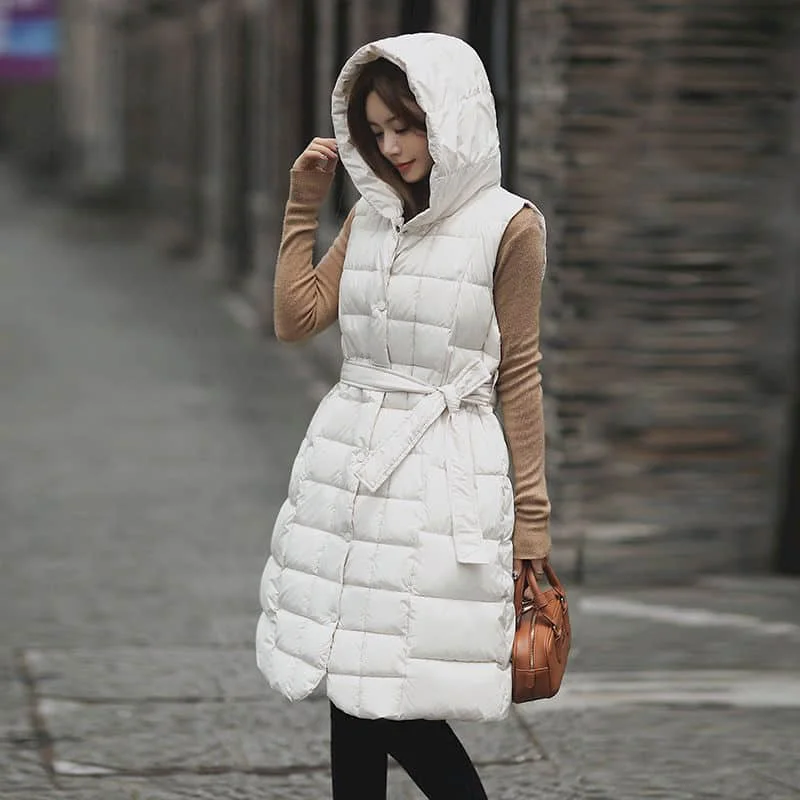 

Waistcoats for Women Solid Hooded Vests Casual Waisted Cotton Added Sleeveless Cardigans Women Loose Mid Length Quilted Jackets