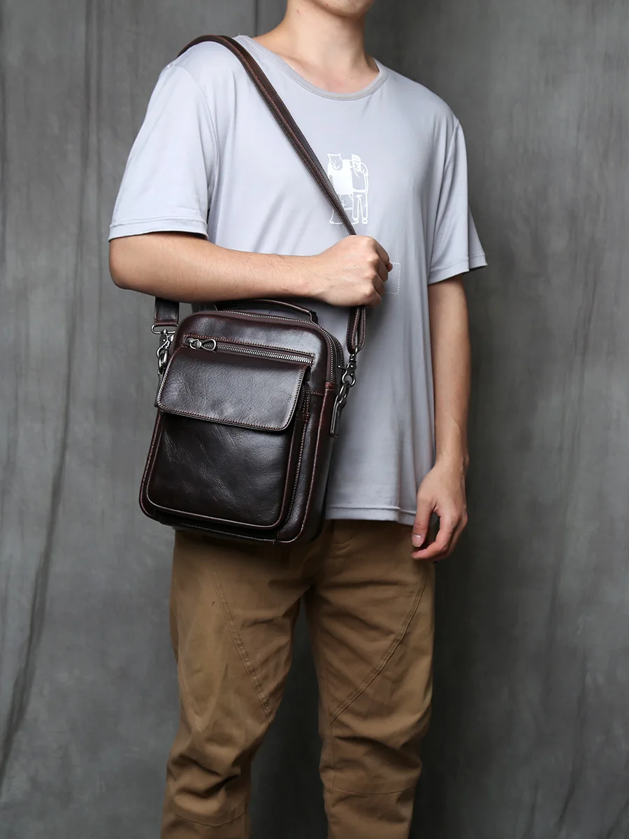 NZPJ Genuine Leather Men Shoulder Bag Natural Cowhide Crossbody Bag Business Fashion Small Backpack Suitable For 10-inch IPad