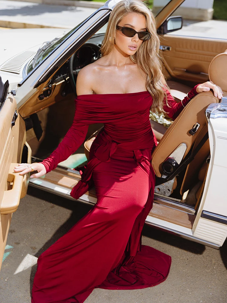 Elegant Long Sleeved Stretch Tight Bow Pleated Evening Dress Women Sexy Backless Bodycon Party Autumn Winter Vestido