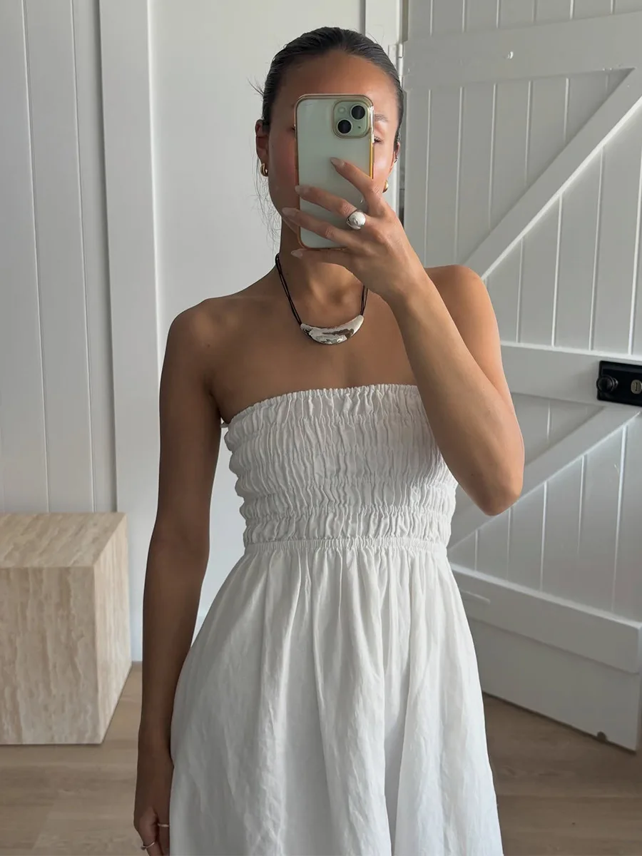 Bornladies Women's 2026 Summer New Strapless Dress Lightweight Vacation Off-Shoulder Ruched High-Waist Loose Maxi Dress