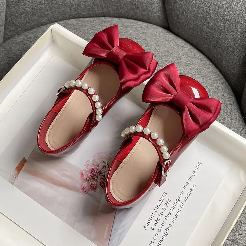 2-10Years Old Kids Leather Shoes Red Black Beige Fashion Bows Girls Princess Shoes for Wedding Party Dance Children Single Shoes