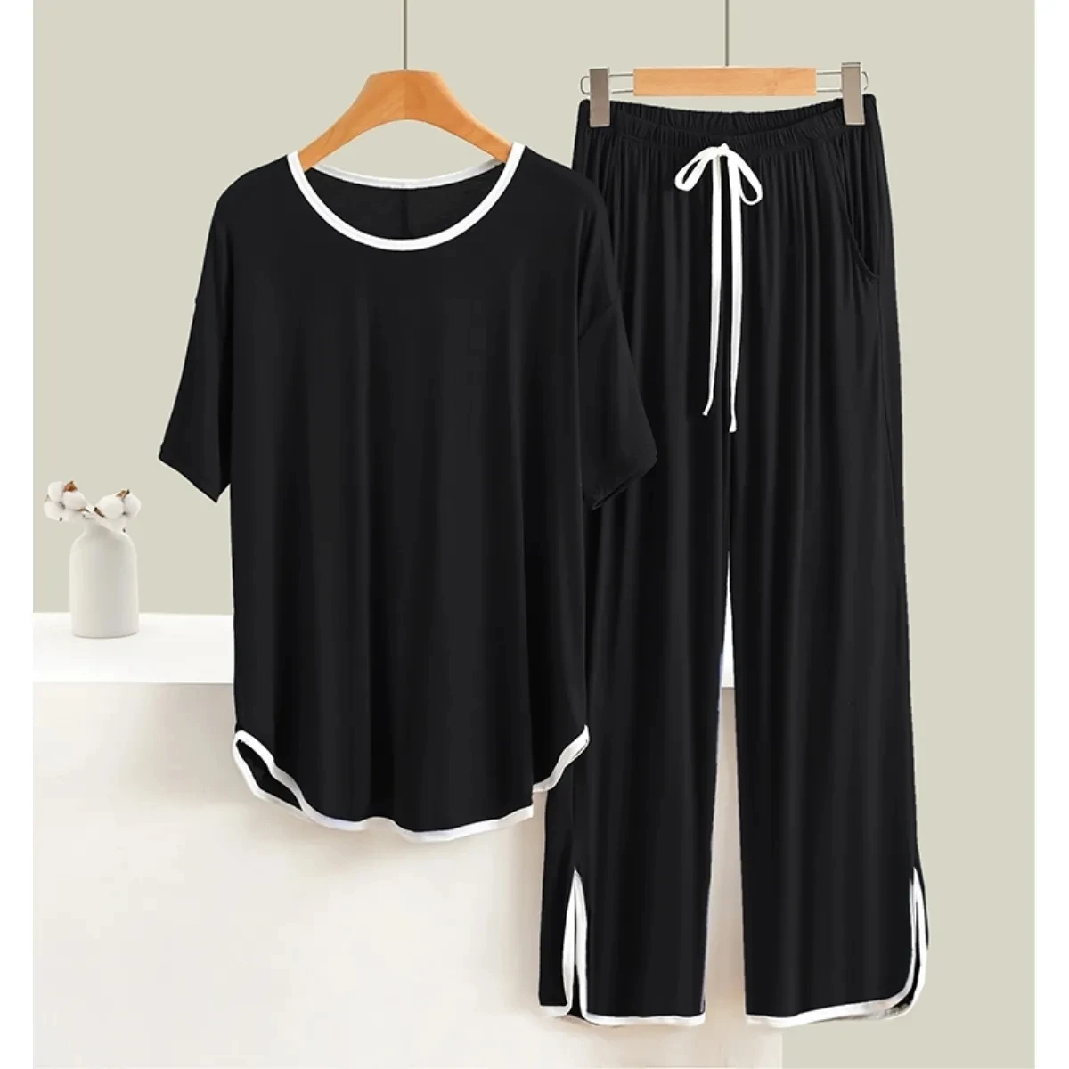Plus Size 5XL 150KG Spring Summer Women Pajamas Set Short Sleeve Tops and Pants Solid Color Sleepwear Pajamas Suit Home wear