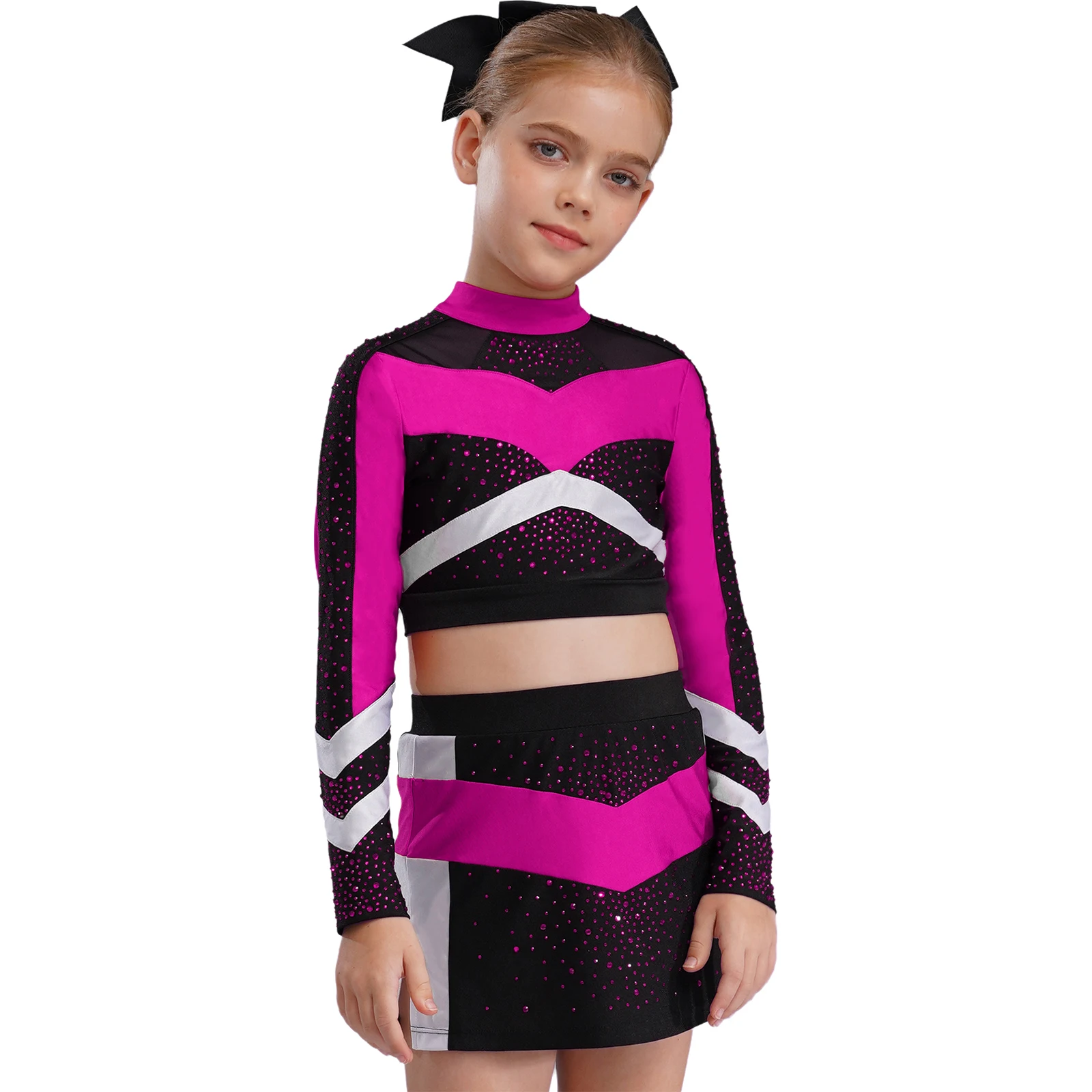 Cheerleader-Kostüm für Mädchen, Schul-Cheerleading-Outfit, Stehkragen, lange Ärmel, glänzende Strass-Crop-Tops mit seitlich geschlitztem Rock – Detail 11