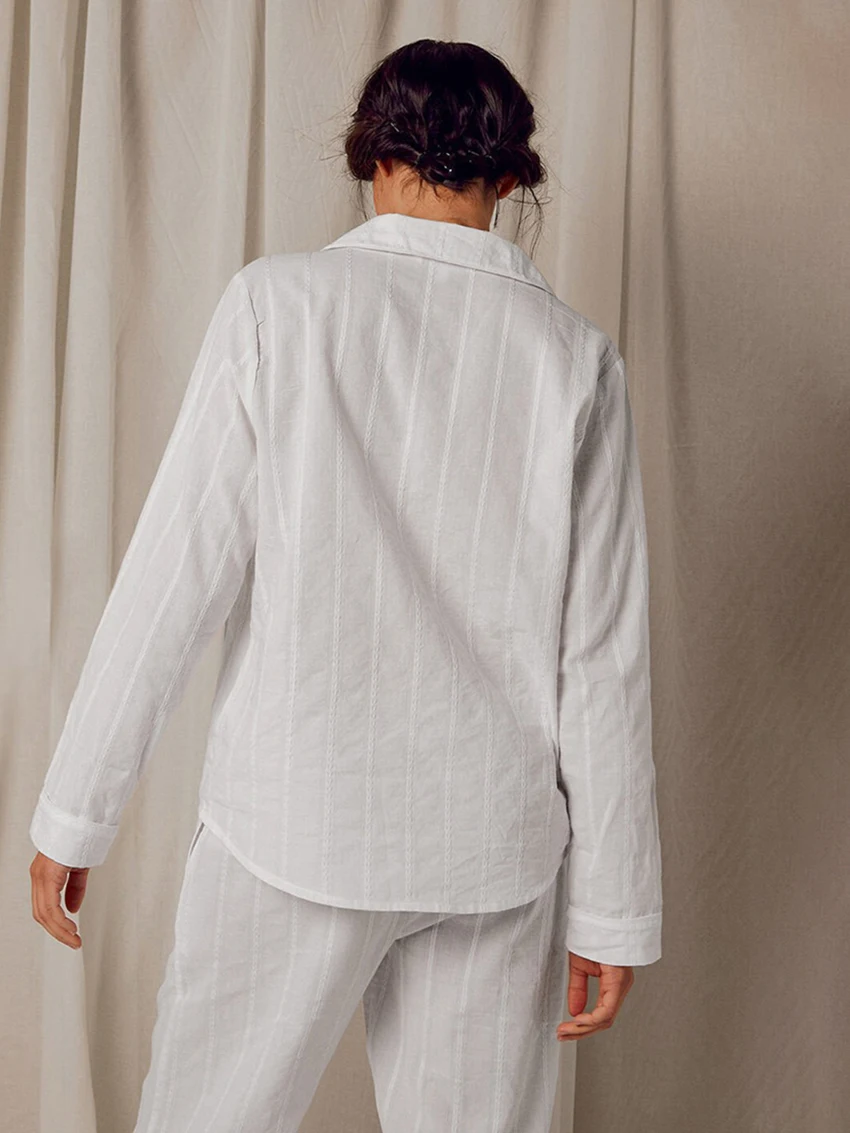 Marthaqiqi White Cotton Female Nightgowns Set Turn-Down Collar Nightwear Long Sleeve Sleepwear Wide Leg Pants Home Clothes Women