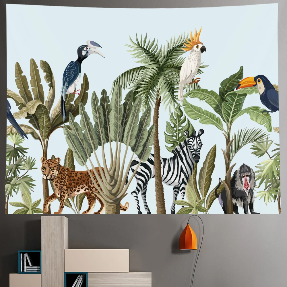 

Tropical rainforest palm leaf animal home art decorative tapestry background wall Hippie Bohemian decorative sofa blanket