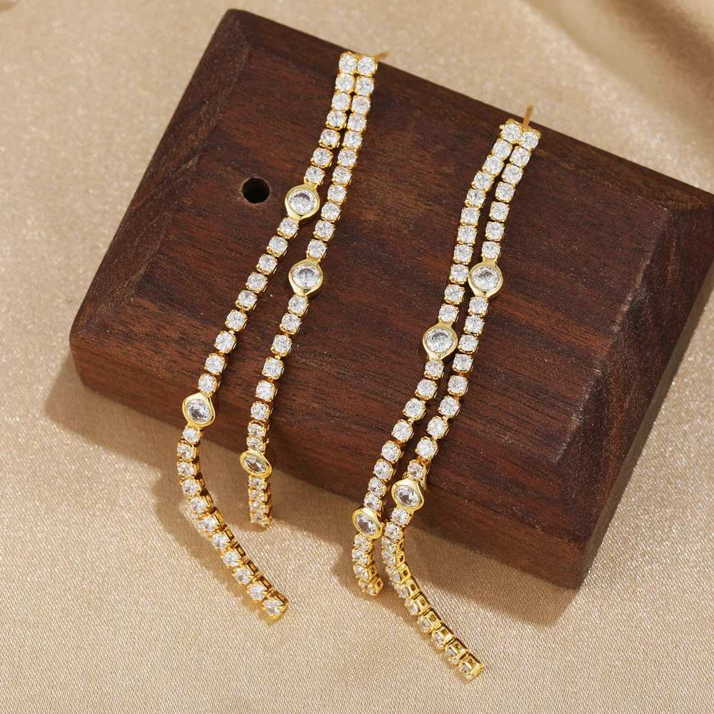 Elegant Sparkling Zircon Hanging Metal Tassel Dangle Earrings for Women 18K Gold Plated Stainless Steel Long Party Jewelry Aros