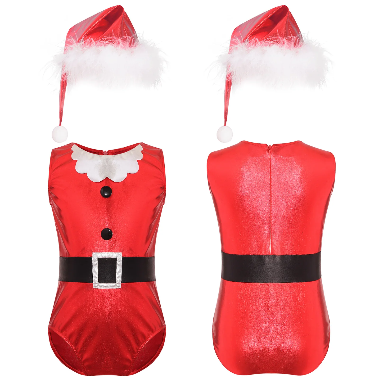 

Kids Girls Santa Claus Christmas Costume Sleeveless Skating Dance Performance Leotard Xmas Theme Party Cosplay Jumpsuit with Hat