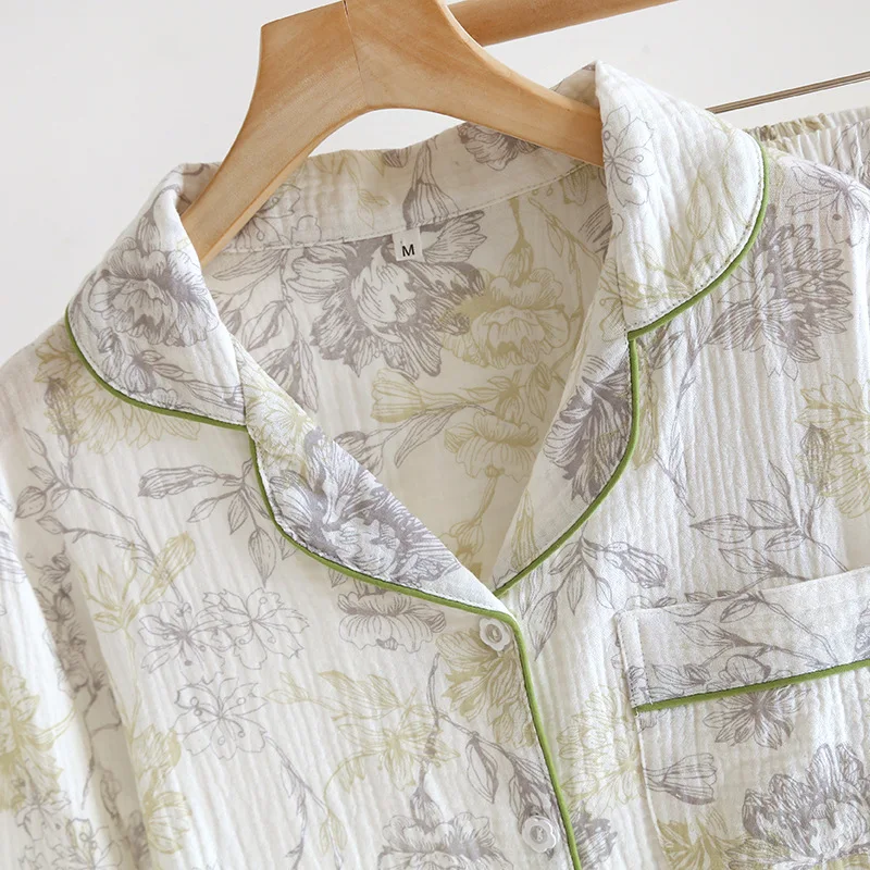 2024 Japanese New Spring/Summer Women's Pajama Set 100% Cotton Crepe Home Furnishings Flip Collar Printed Long Sleeve Set Ladies