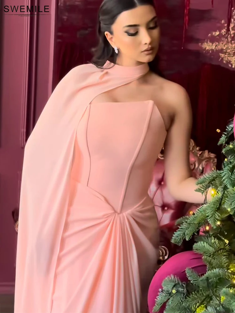 SWEMILE Pink Pleat Mermaid Evening Dresses with One Shoulder Cape Woman Wedding Arabic Chiffon Prom Gown فساتين Customized 4