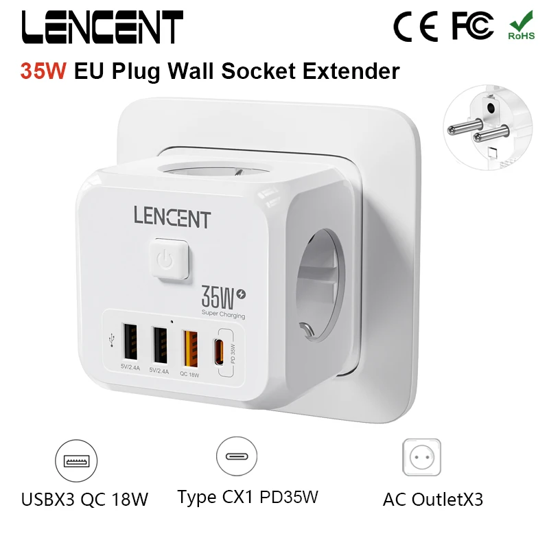 LENCENT Cubo Enchufe USB 7 en 1, Ladron Enchufes 4000W, Cubo