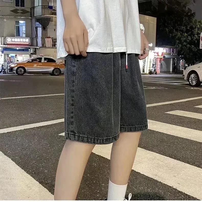Summer Men Summer Drawstring Denim Shorts Korean Fashion High Waist Leisure Ulzzang Loose Straight Capris Jeans Shorts