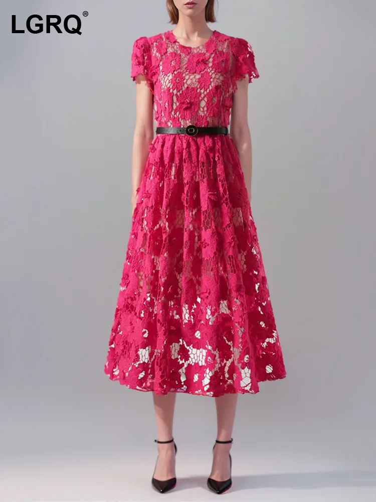 

Женское кружевное платье без рукавов LGRQ, однотонное Красное ажурное платье с круглым вырезом и низкой талией, летняя одежда, 2024