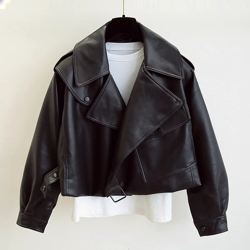 

Spring Autumn Faux Leather Jackets Women Loose Casual Coat Female Drop-shoulder Motorcycles Locomotive Outwear With Belt Q440