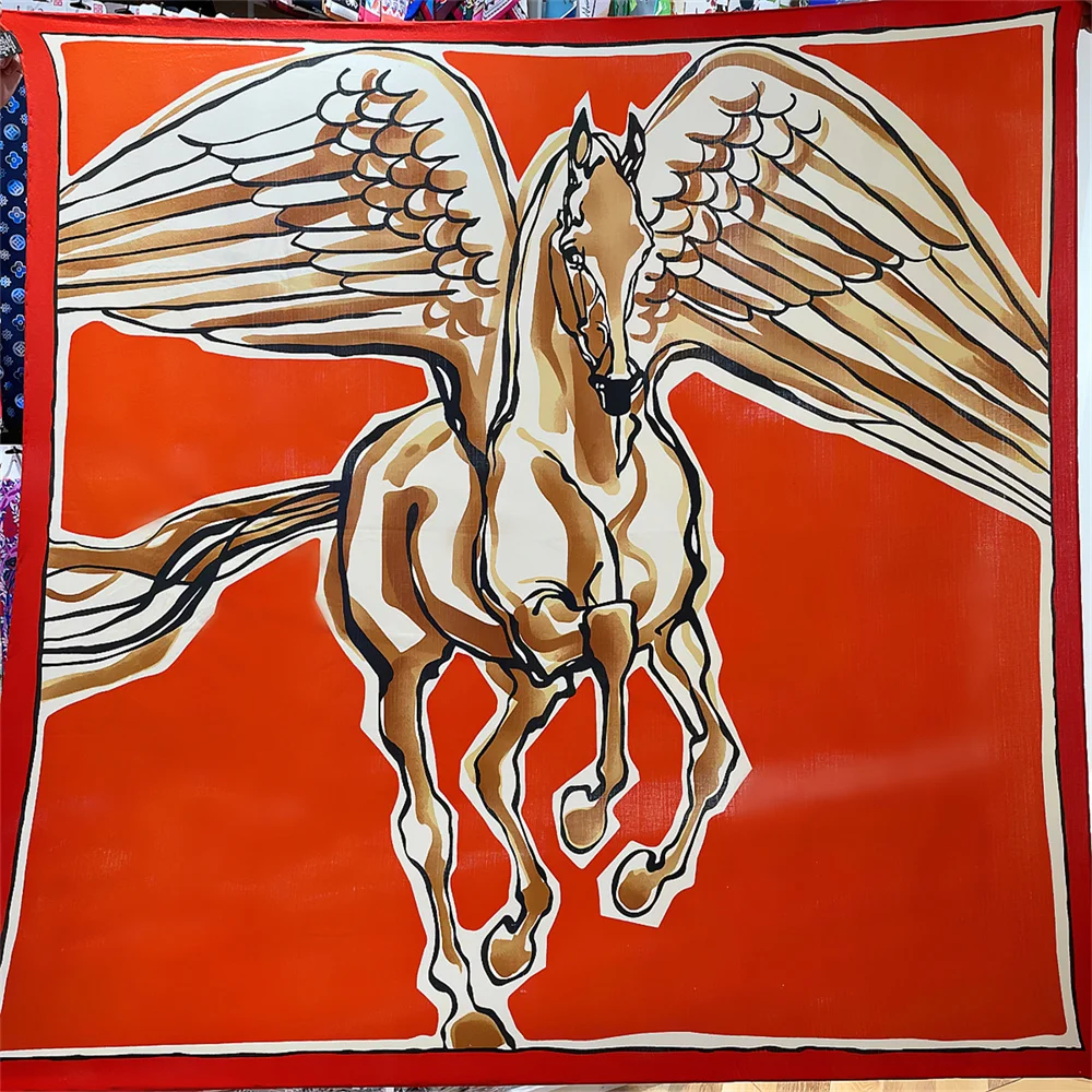 

Шелковый кашемировый шарф POBING, женские шали в рулоне, квадратные шарфы с принтом «летучая лошадь», бандана, большие хиджабы, женский платок 135 см