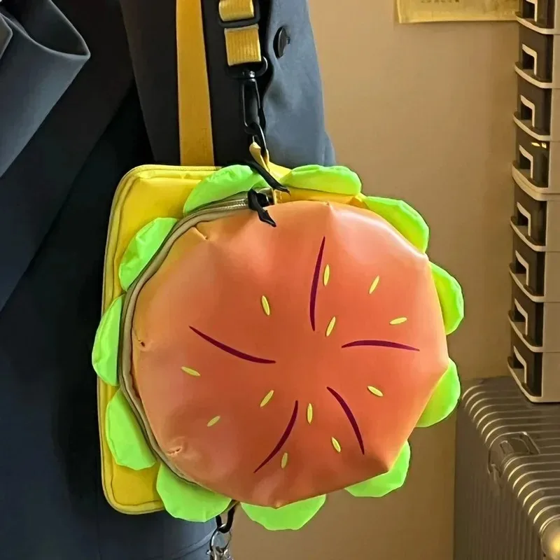 Waterproof Messenger Bag Large Capacity Shoulder Bags for Women Cute Cartoon Hamburger PU Leather Purses Funny Handbag