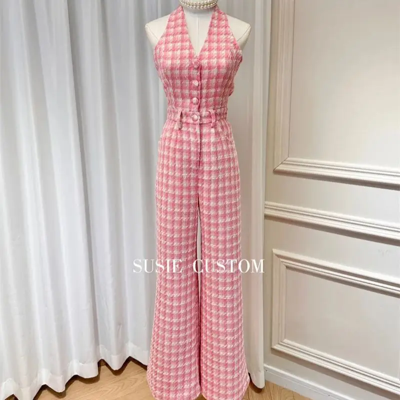 Fashion Sexy Pink Plaid Tweed Jumpsuit Women's Fall Winter V-Neck