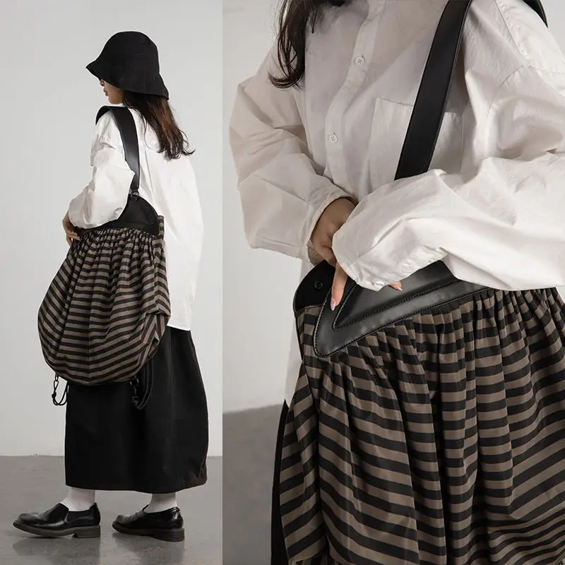 

Women Tote Bag High-Capacity Vintage Nylon Bucket Casual Striped Zipper Soft Shoulder Bag Handbag Backpack Shopping Bag