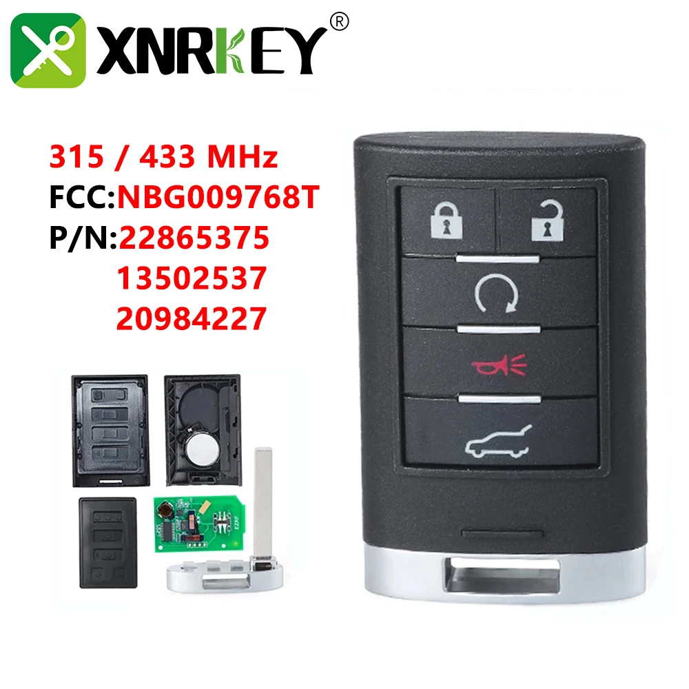 XNRKEY 5 Buttons Remote Control Key for Cadillac SRX CTS XTS DTS 2010-2015 315/433MHz ID46 Chip FCC: NBG009768T  P/N: 22865375