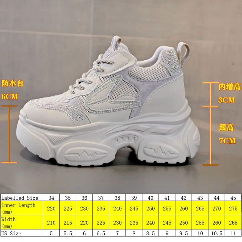 Fujin 10cm Genuine Leather Chunky Sneakers Spring Rhinestone