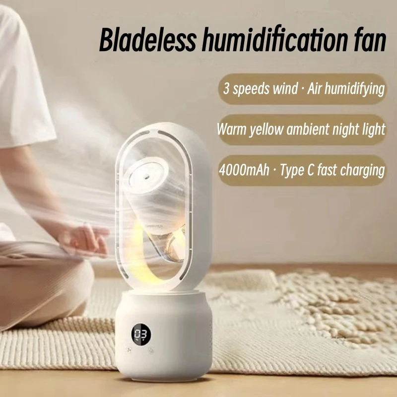 

4000mAh Rechargeable Water-cooled Mist Spray Fan 3 Speeds Circulating Wind Air Humidifier Bladeless Cooling Fan with Warm Light