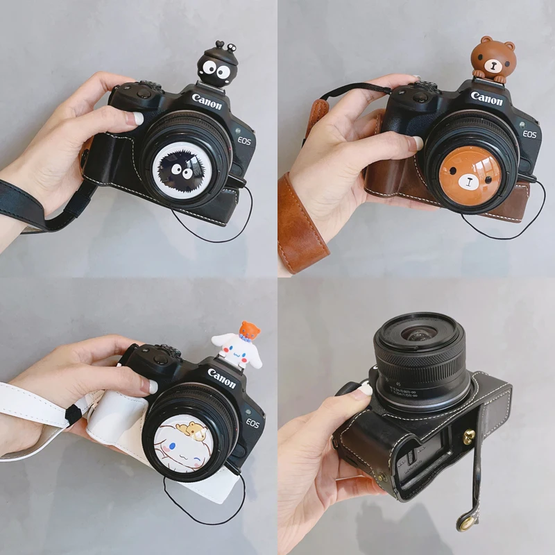 Canon R50 카메라 케이스 가방용 손목 스트랩과 어깨 끈이 있는 PU 가죽 보호 케이스 하프 바디