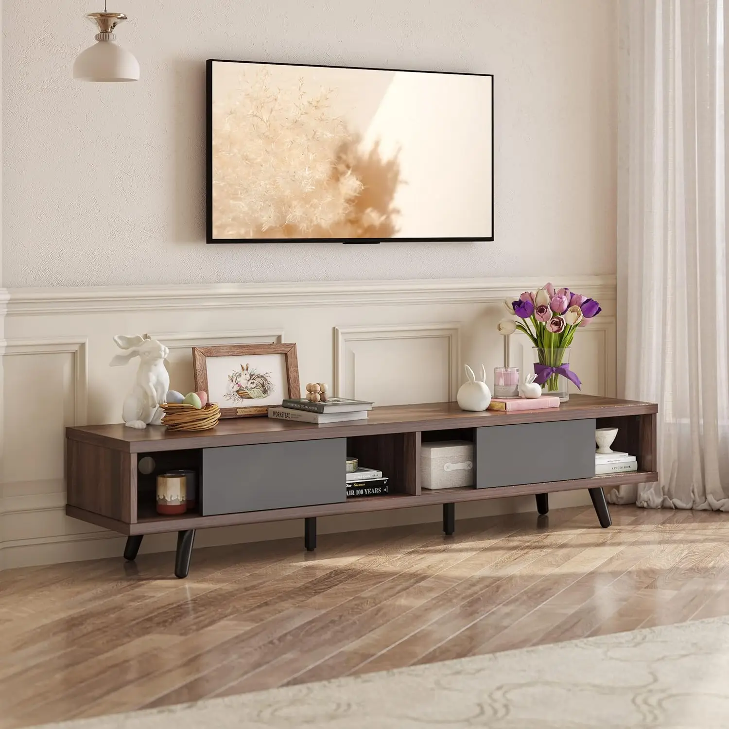 inch Mid Century Modern TV Stand for 75 inch TV, Low Profile TV Stand with Storage, Entertainment Center for Living Room, Cord M
