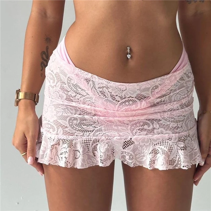 Dames hoge taille ruches vloeiende minirokken, rekbare taille, effen gevoerde gelaagde plooirokken, casual strand korte rok (zwart, M)(groen, XL