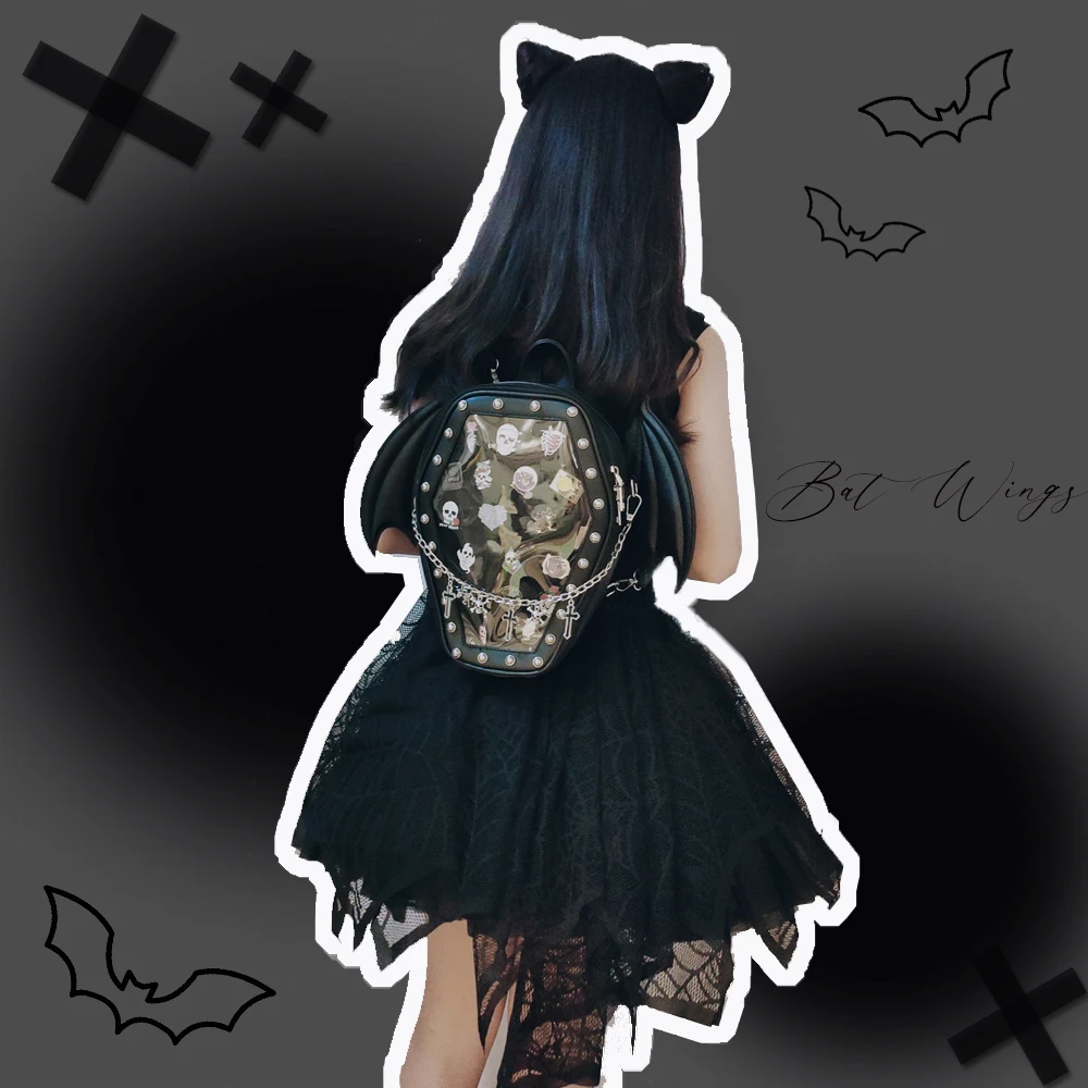 Bat Wings Ita Backpack Enamel Pin Display Shoulder Bag Goth Pin Collector Female Small Clear School Bag Punk Ita Purse Bag 5