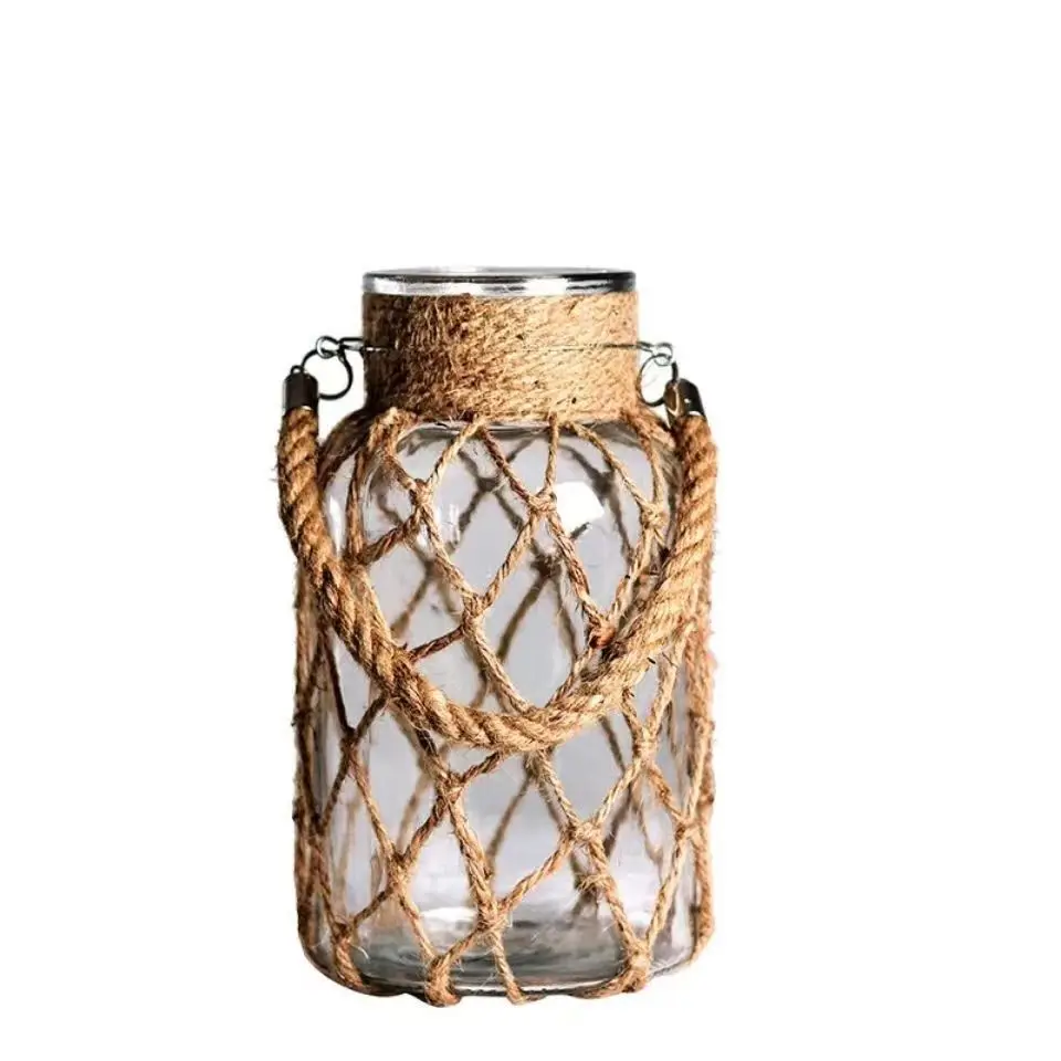 Rustic Hanging Glass Vase Rope Net Dry Flower Glass Vase with Art Hemp Rope Home Transparent Living Room Decor Table Decoration 5