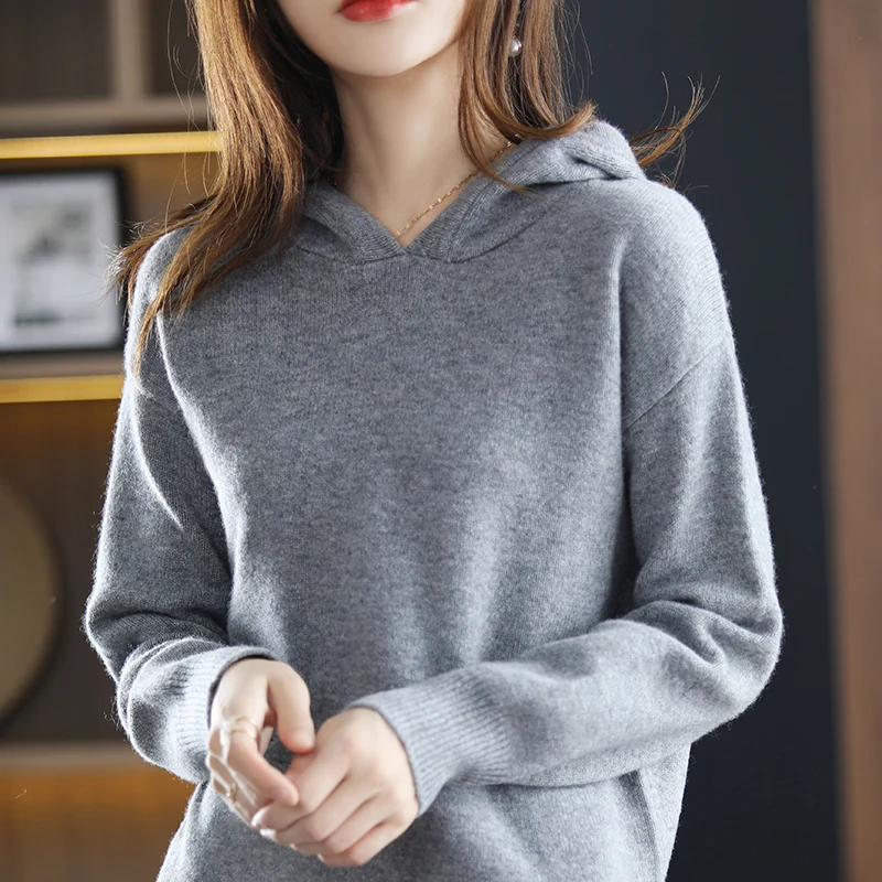 100% Cashmere Wool Set 22 New Women's Long Sleeve Hooded Sweater Casual Loose Knitted Long Wide Leg Pants Women's Pure Wool  sui 5