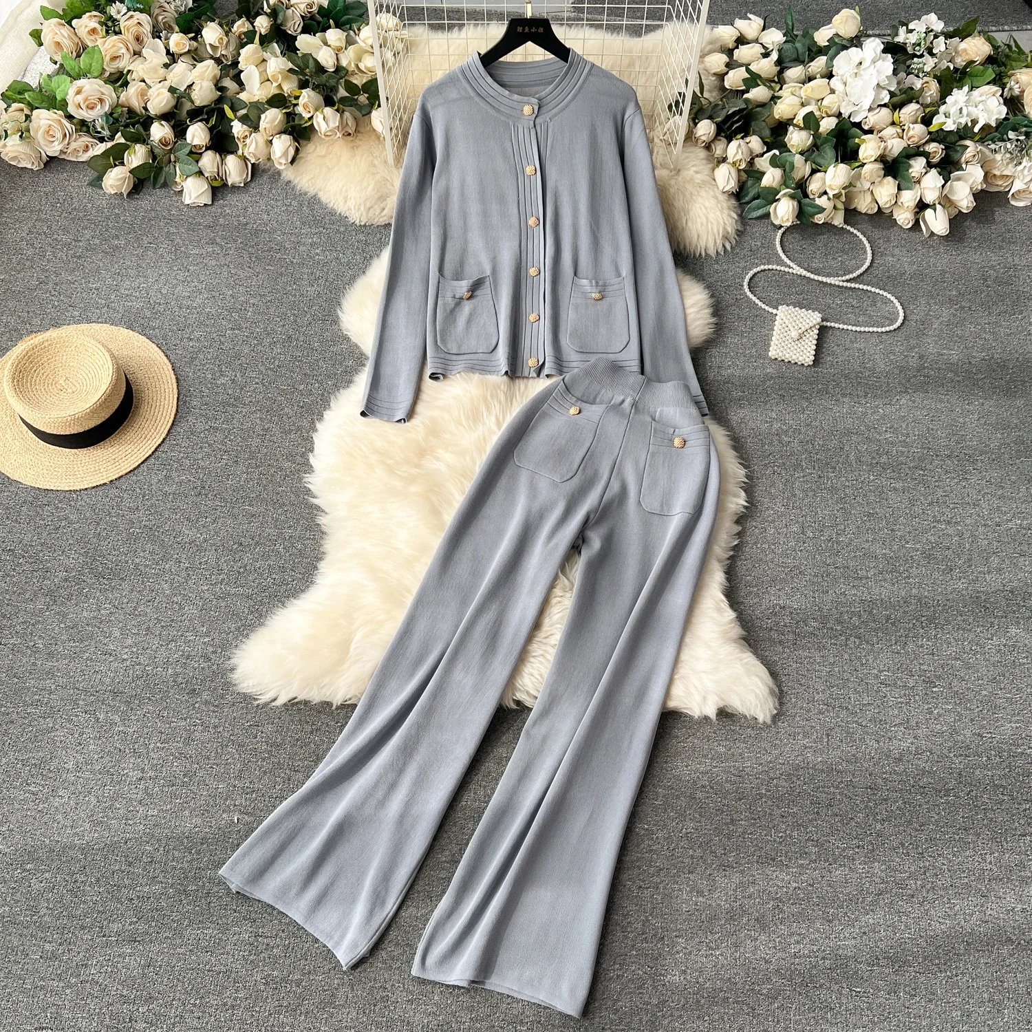 

VANOVICH Fashion O-neck Knitted Cardigan Coat Women's Autumn and Winter New High Waist Long Loose Wide-leg Pants Two-piece Set