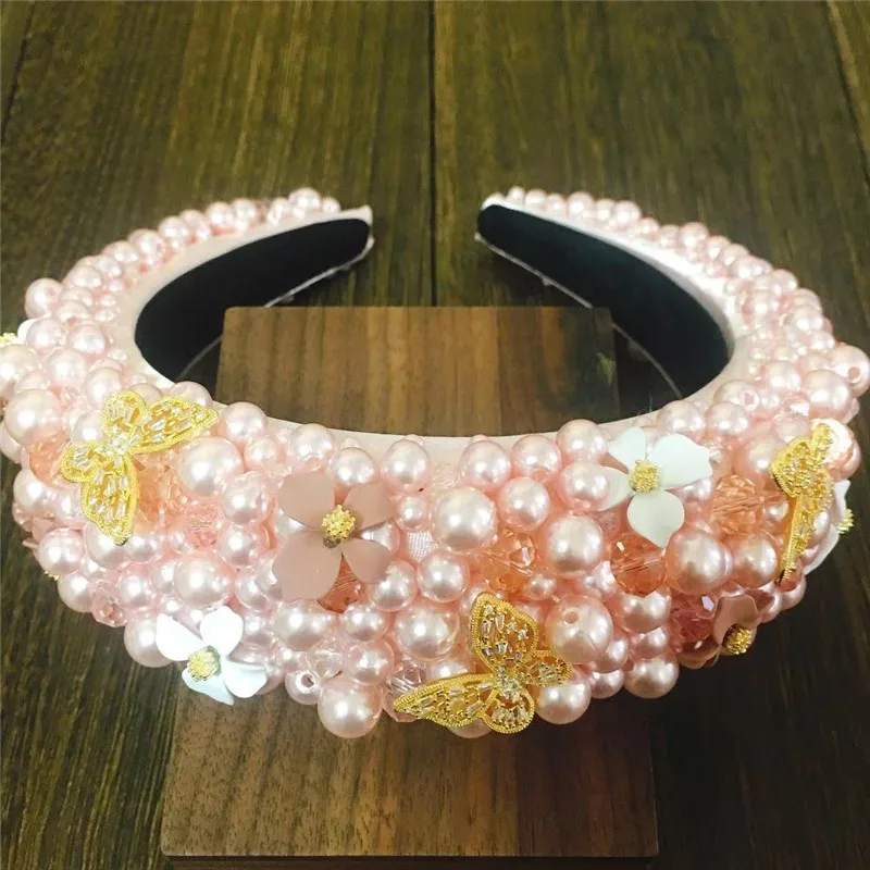 2022 Luxury Baroque Rhinestones Headband Butterfly Flower Design Pearl Hairband Full Crystal Pink Exquisite Padded Hairbands