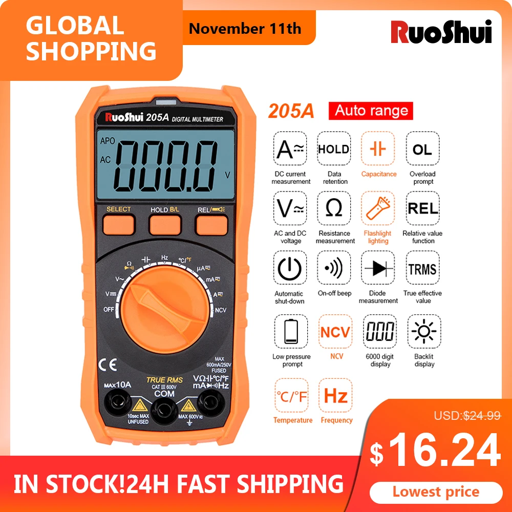 Multimeter NCV 6000 Count True RMS ℃/F Auto Range Tester AC/DC Voltage Meter Flash Back Light Large LCD Screen Multimetro digital multimeter multimeter tester analog multimeter