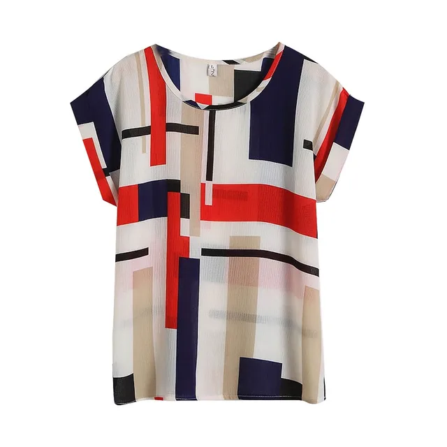 Summer Womens Tops And Blouses Red Printed Bat Short Sleeve Chiffon Shirt Loose Blusas O Neck Pullover Tops red stripe