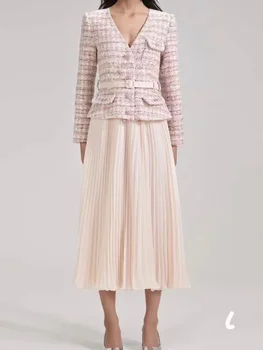 Vestido feminino plissado de lantejoulas cintilante Tweed, roupa rosa, comprimento médio da panturrilha, qualidade superior, novo, primavera, 2022