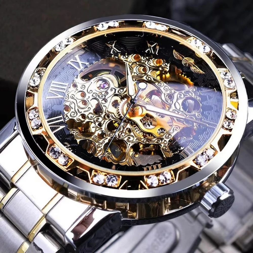 Luxurious Men's Mechanical Skeleton Watch with Diamond Gear for Timeless Elegance