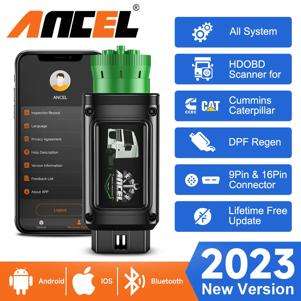 

ANCEL HD100 Bluetooth Diesel Heavy Duty Truck Scanner All System DPF Regen for Cummins Caterpillar Diagnostic Scan Tool 9/12 Pin