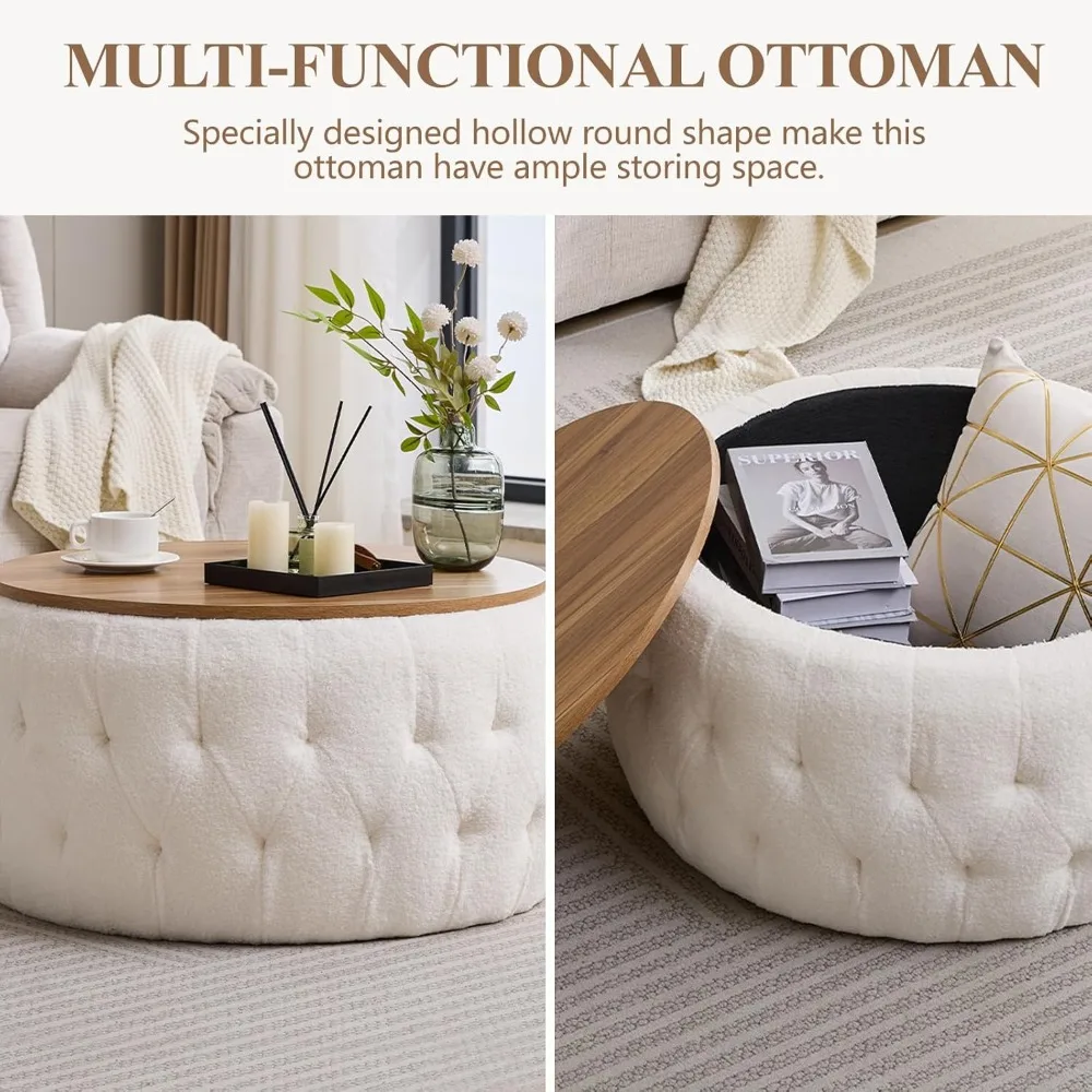Round Storage Ottoman with Wooden Lid, Tufted Teddy Fabric Circle Ottoman Footrest Stool Bench Coffee Table for Living Room 4