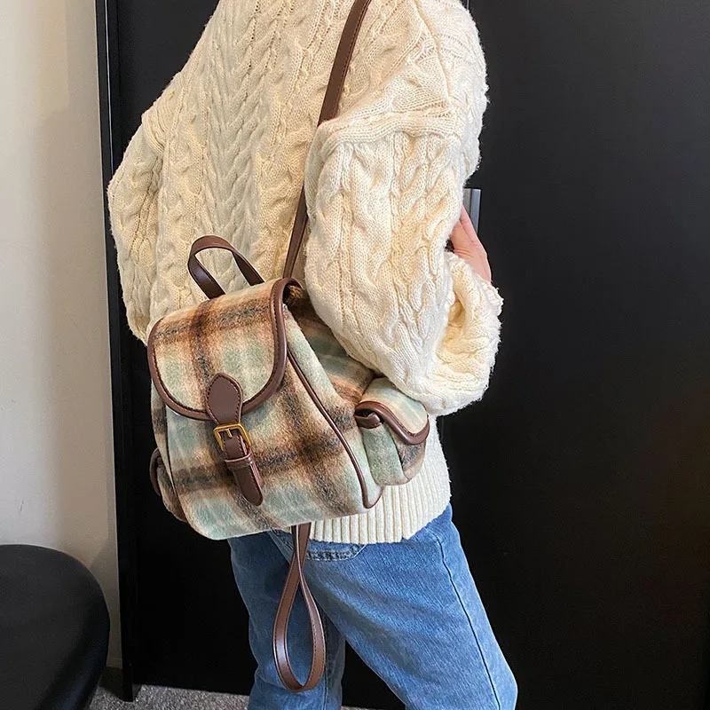 New Fashion Designer Double Root College Student Backpack 2023 Winter Woolen Lattice Small Backpack Female Girl Shoulder Bag