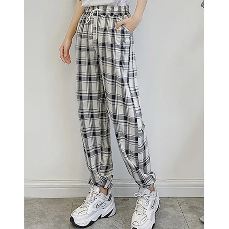 Fashion Color Blocking Plaid Print Jogger Pants Spring Autumn Bandage Pockets Higt Waist Loose Harem Nine Points Trousers Female
