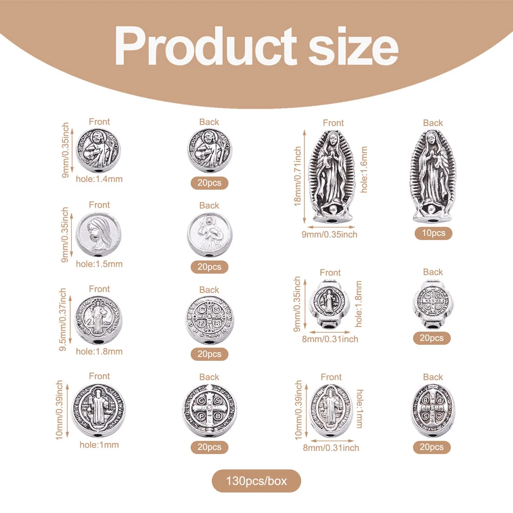130Pcs Antique Silver Color Zinc Alloy Virgin Mary Religion Charms Beads For DIY Bracelet Necklace Jewelry Making Accessories