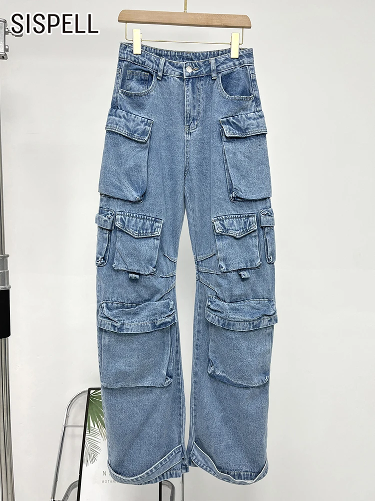 

SISPELL Patchwork Button Jeans High Waist Spliced Pocket Temperament Loose Casual Denim Wide Leg Pants Female Autumn Clothing