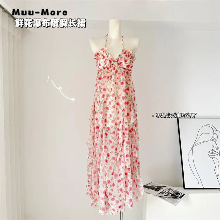 

Women Sexy Backless V-neck Floral Print Sweet Suspender Dresses 2023 Summer Beach Style Hotsweet Slim Fit Chiffon Party Dress