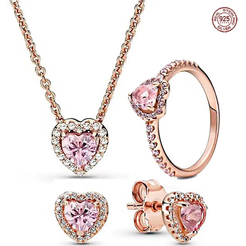 

Women's Jewelry 925 Sterling Silver High Quality Heart shaped Ring Earring Set fit Original Brand style DIY Exquisite Jewelry