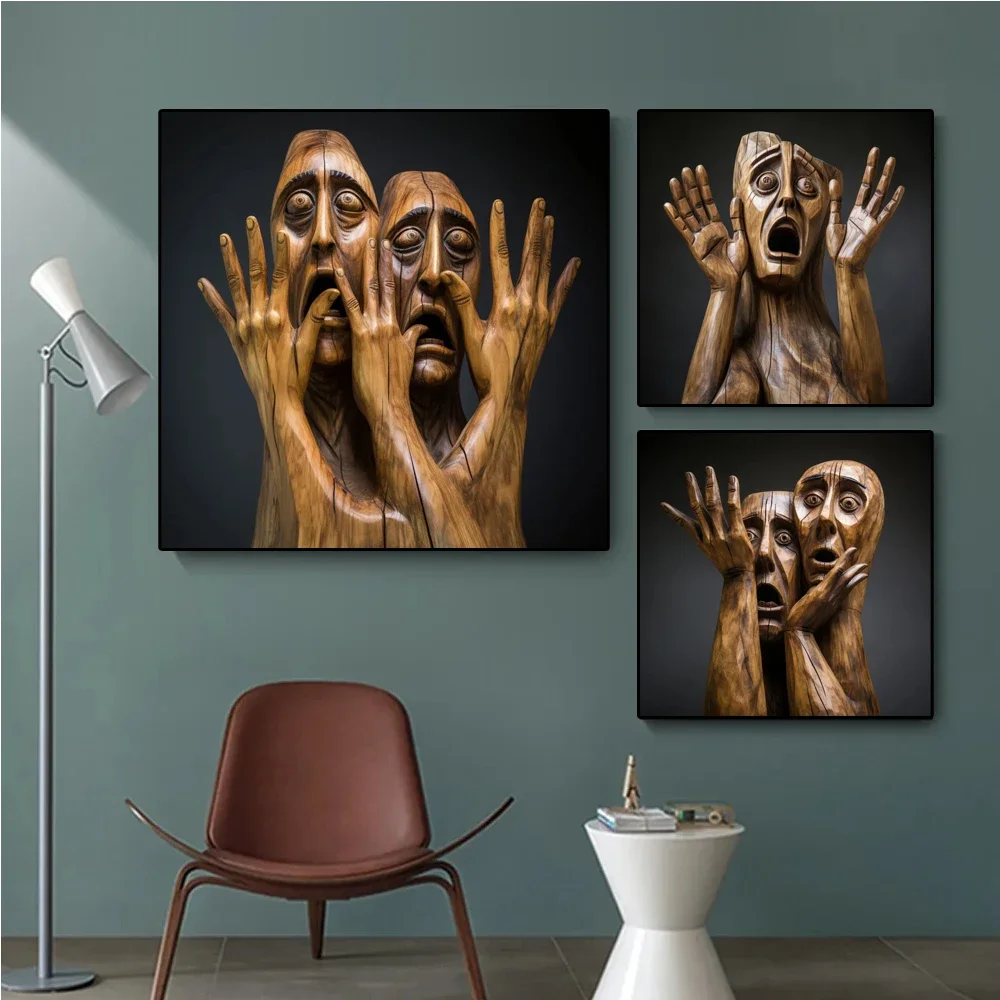 Abstract Twisted Wooden Human Statue Canvas Printmaking Exaggerated Character Facial Carving Art Poster Painting Room Home Decor